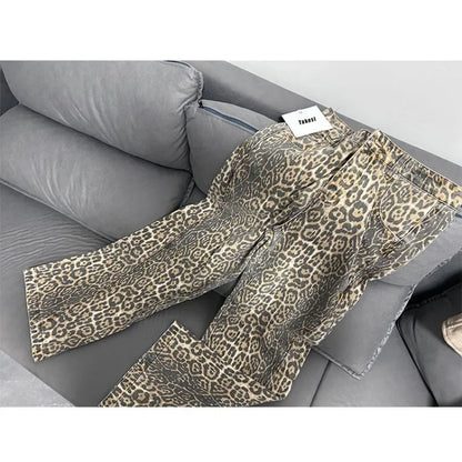 Wide-Leg High-Waisted Leopard Print Retro Jeans for Women, Y2K Oversized Casual Pants, Spring 2024