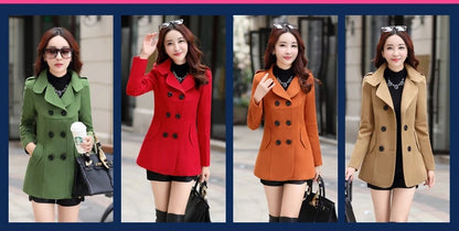 Autumn Winter Women Double Breasted Woolen Coat Solid Color Lapel Slim Fit Short