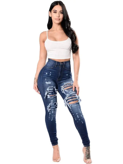 Jeans rasgado de cintura alta para mulheres, jeans skinny, calças lápis, calç