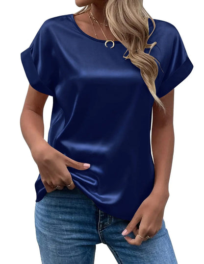 New Women's Satin T-Shirt – Loose, Short-Sleeve Round-Neck Casual Colored Top for Spring & Summer