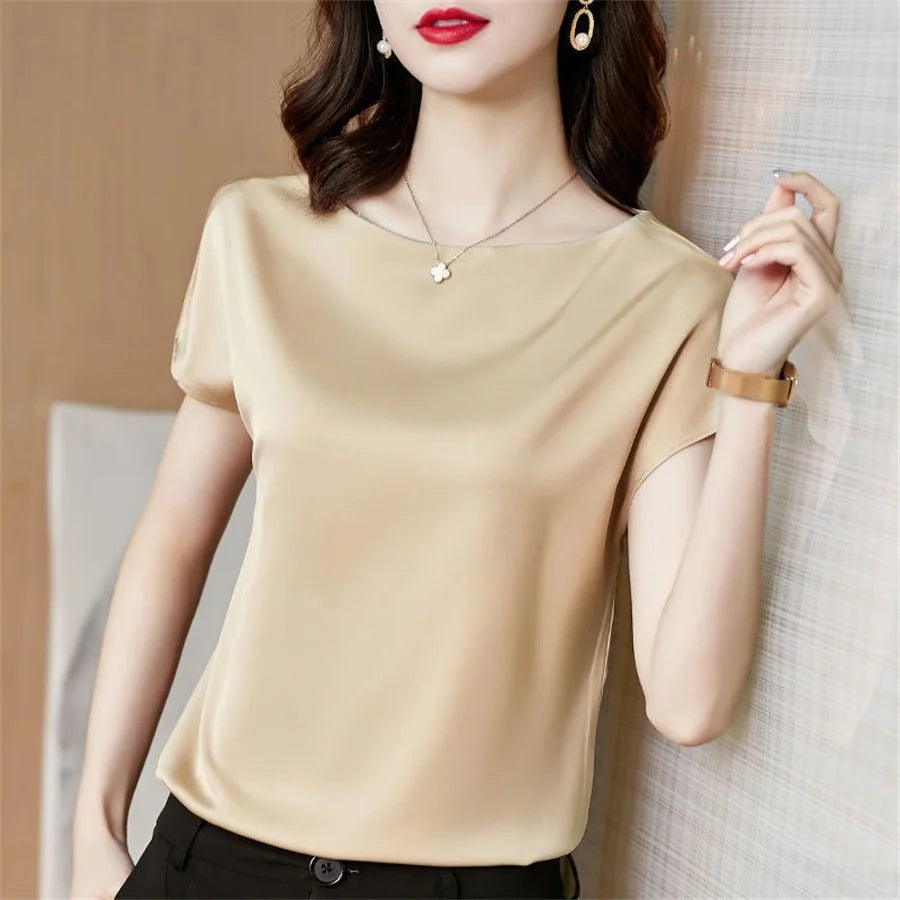 2024 Office Lady Satin Blouse – Sleek Short Sleeve O-Neck Casual Loose Top for Women DF4904