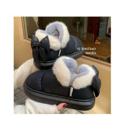 Women's Winter Bow-Knot Ankle Boots – Plush, Insulated, Waterproof PU Cotton Home Slippers