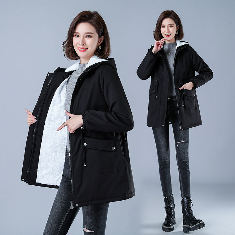 Women's Casual Cotton Parka with Fleece Lining, Hooded Trench Coat, Warm Puffer Jacket, Winter Outerwear