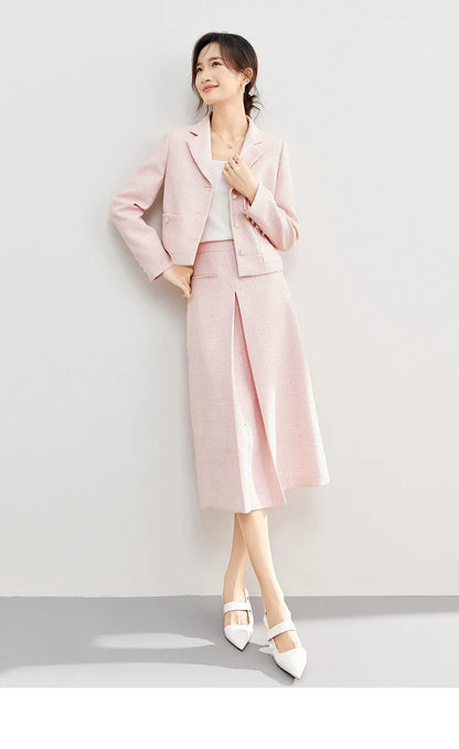 SENTUBILA Pink Elegant Cropped Tweed Jacket 2024 Spring Notched Single Breasted