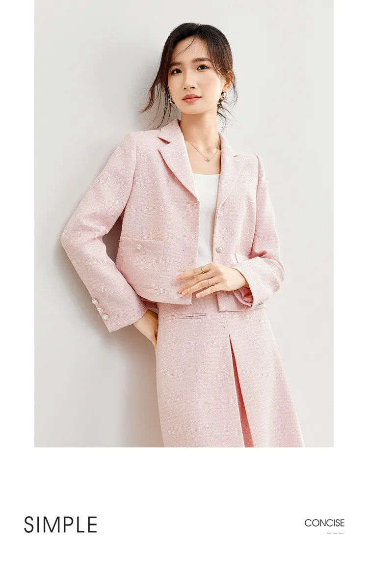 SENTUBILA Pink Elegant Cropped Tweed Jacket 2024 Spring Notched Single Breasted