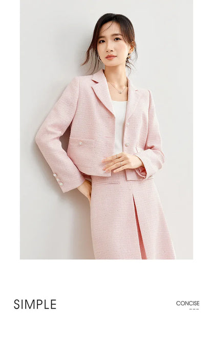 SENTUBILA Pink Elegant Cropped Tweed Jacket 2024 Spring Notched Single Breasted