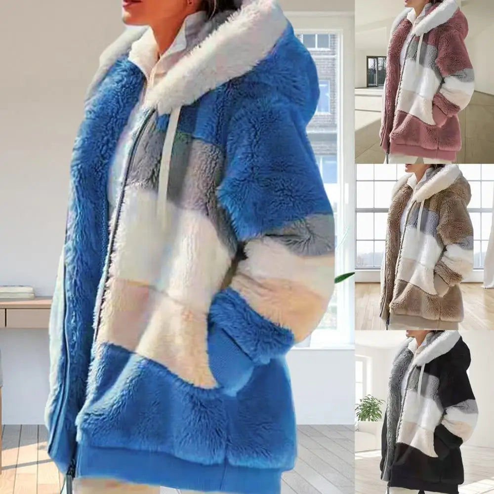 Women's Faux Fur Parka, Fall & Winter Long Sleeve, Color Block Zipper Hooded Coat, Warm and Cozy