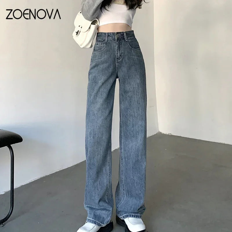 Zoenova calças jeans de cintura alta y2k moda feminina roupas azul preto perna