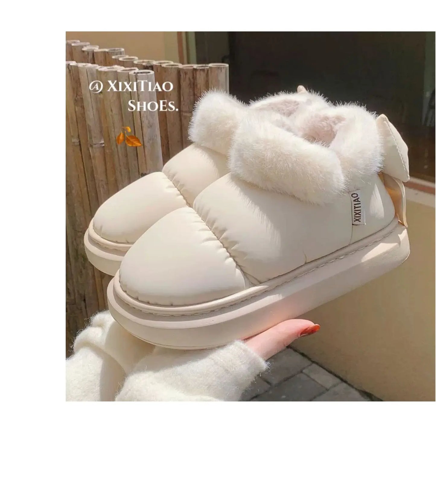 Women's Winter Bow-Knot Ankle Boots – Plush, Insulated, Waterproof PU Cotton Home Slippers