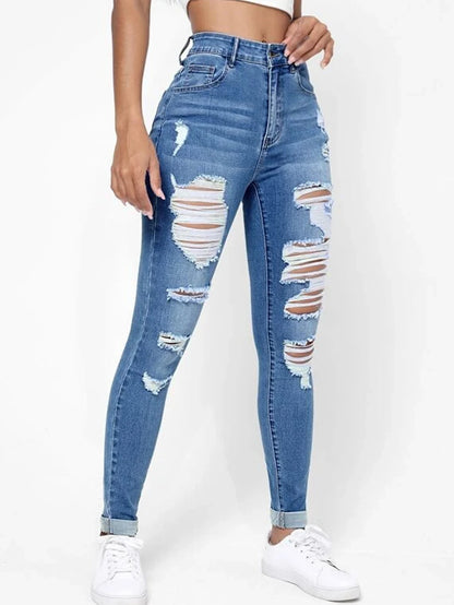 Jeans rasgados com buracos rasgados, jeans skinny casual, calça jeans de cintur