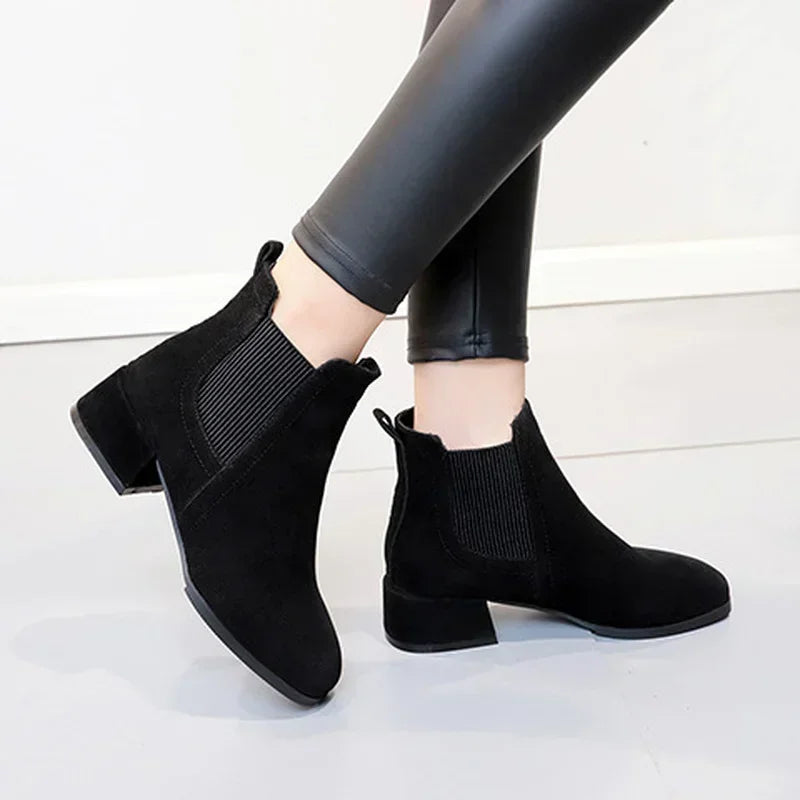 Women's Slip-On Ankle Boots – Autumn/Winter Round Toe Booties with 3.5cm Square Heel in Black & Camel (Sizes 35-43)