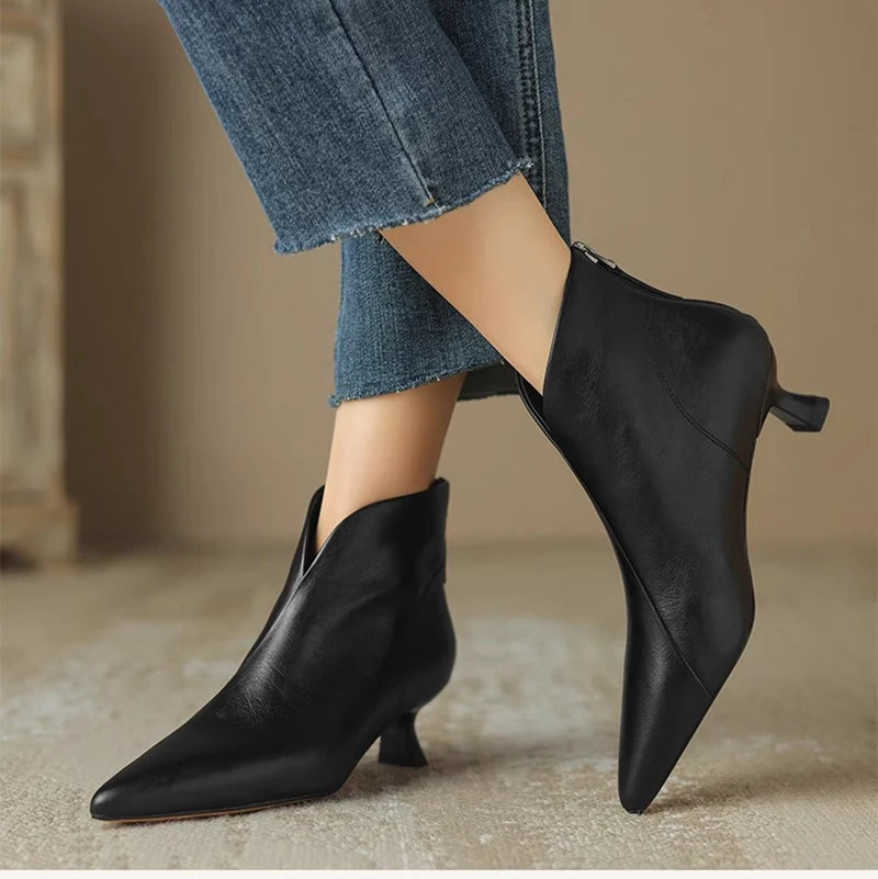 Women's Vintage Pointed Toe Ankle Boots – Elegant Autumn/Winter Booties with Zippers & Square Heels