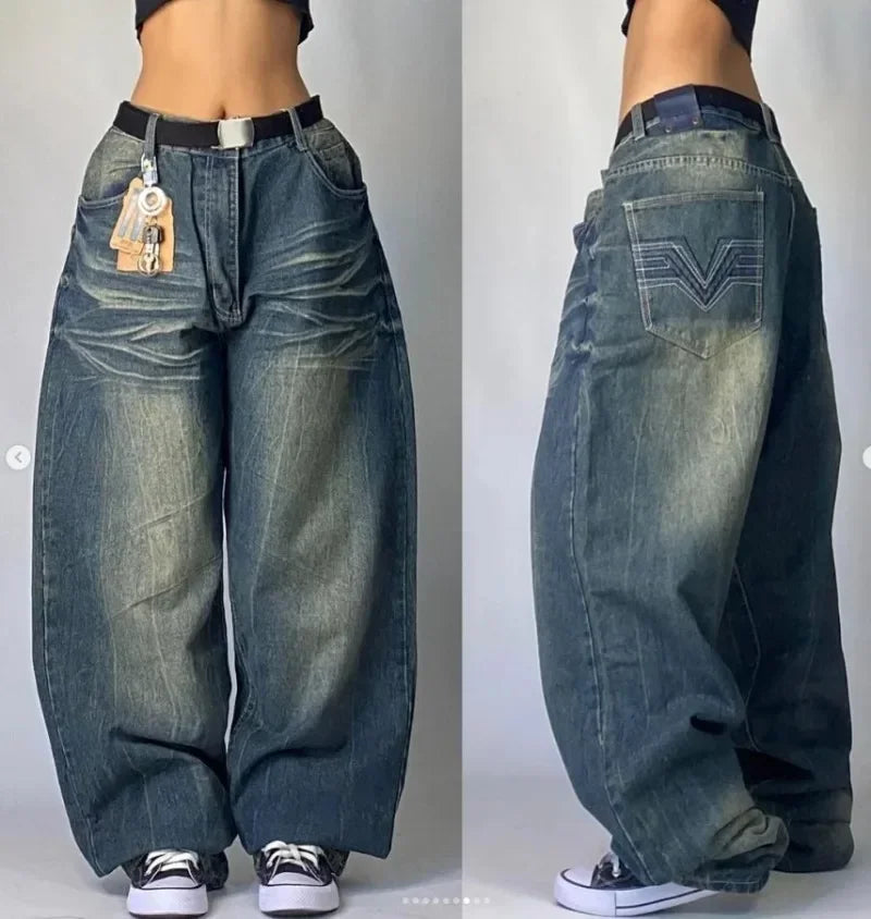 SOUTHPOLE-Jeans feminino, Y2K, Harajuku, Hip-Hop, calça preta, chão lavado, je