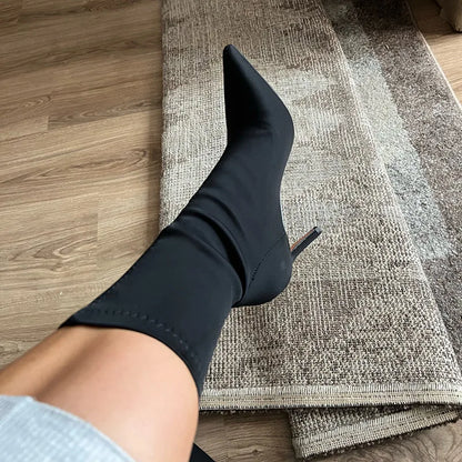 Women's Silk Sock Boots – 7.5cm/10cm Satin Pointed Toe Winter Ankle Booties in Green, Sexy Low Heels