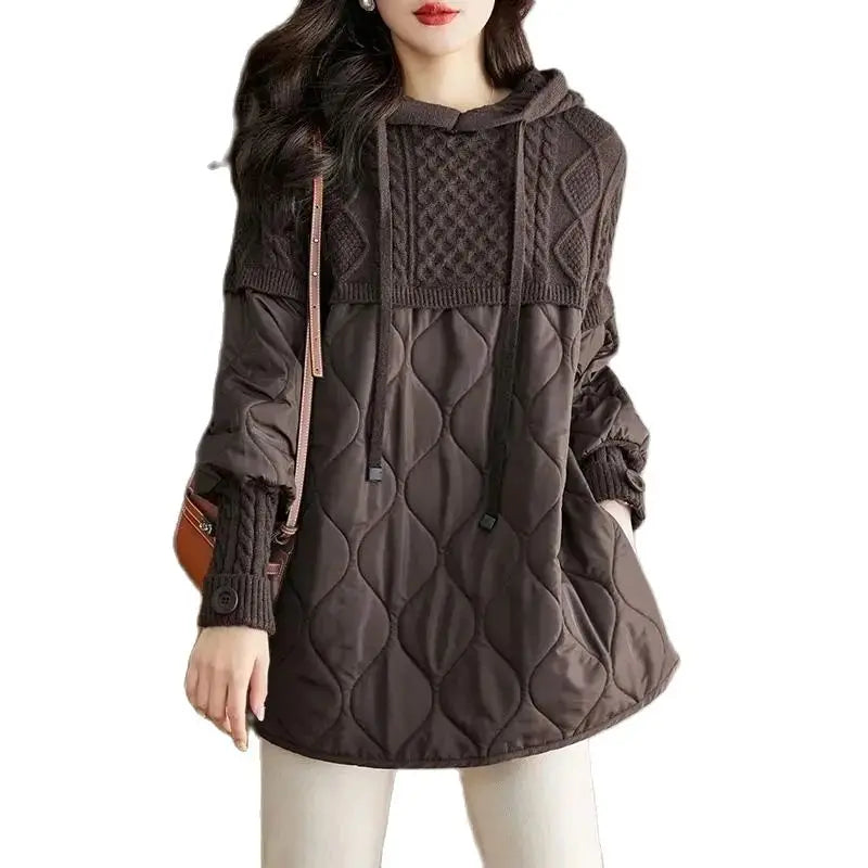 Women's Hooded Parka with Knit Accents - Slim Cotton Jacket, Stylish Winter Coat