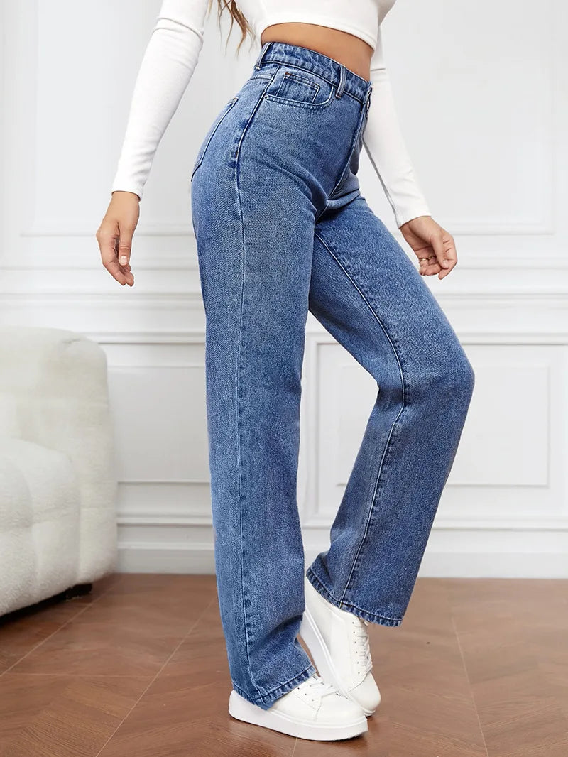 Women’s High-Waisted Straight-Leg Stretch Jeans - Washed Button-Zip Denim, Trendy Spring/Summer 2022 Fashion