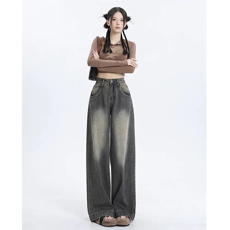 New Classic Loose Vintage Casual Female Wide Leg Pants American Spring Basic Washed Fashion Distressed Street S-XL Women Jeans