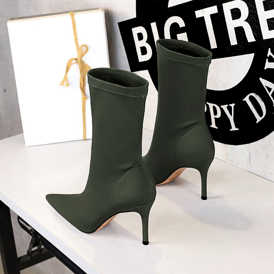 Women's Silk Sock Boots – 7.5cm/10cm Satin Pointed Toe Winter Ankle Booties in Green, Sexy Low Heels