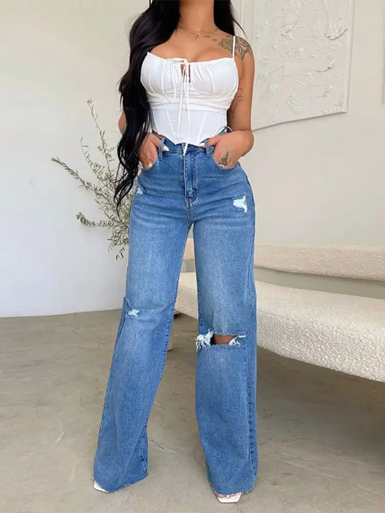 2023 Fall New Women's High Waist Ripped Jeans Fashion Loose Denim Wide Leg Pants Casual Female Trousers S-2XL Drop Shipping