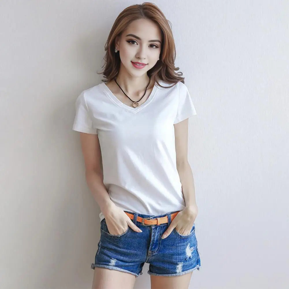 Women's Slim Fit V-Neck T-Shirt – Stretchy Solid Pullover Top for Effortless Streetwear