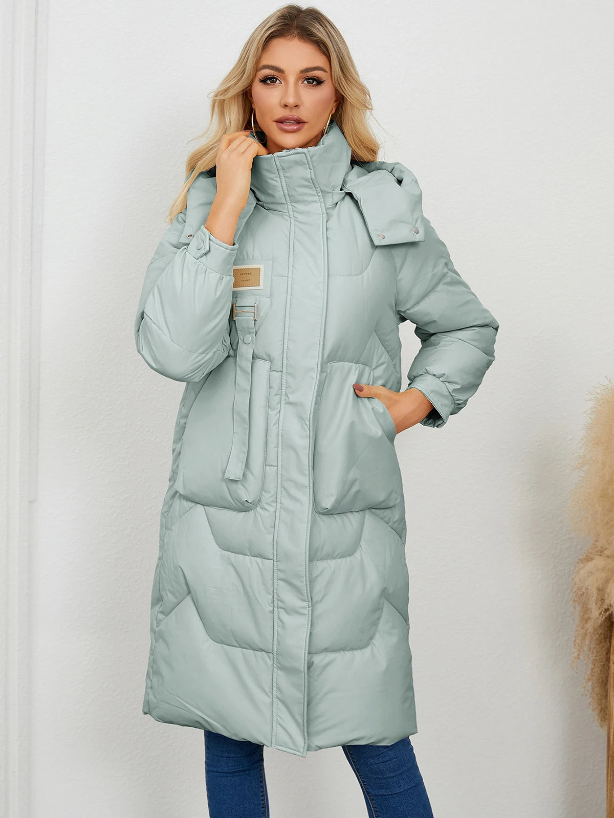 Autumn Winter Women’s Padded Jacket Stand Collar Wide-Waisted Hooded Long Coat