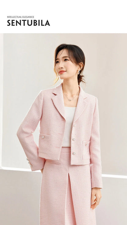 SENTUBILA Pink Elegant Cropped Tweed Jacket 2024 Spring Notched Single Breasted