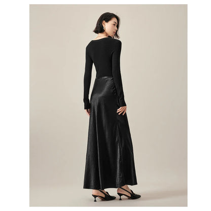 Satin Triacetate Women's Skirt Temperament Elegant Black Long Dress Light Luxury