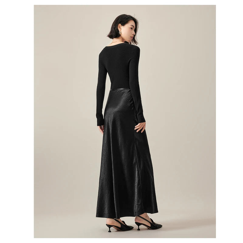 Satin Triacetate Women's Skirt Temperament Elegant Black Long Dress Light Luxury