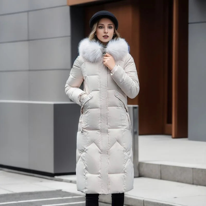 Women's Winter Parka Long Coat 2024 New Thickened Hooded Fur Collar Jacket, Warm Zipper Snow Coat, Padded Outerwear for Women