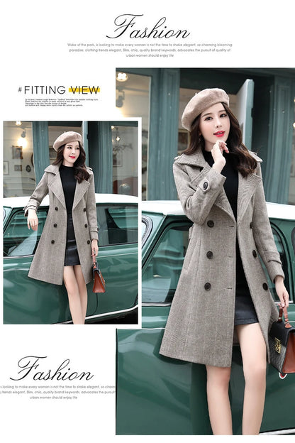 Korean Wool Blends Women Coats Lapel Double-Breasted Lined Trench Belt Ladies St