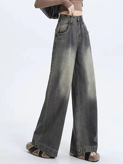 New Classic Loose Vintage Casual Female Wide Leg Pants American Spring Basic Washed Fashion Distressed Street S-XL Women Jeans