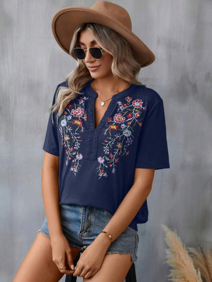 Vintage Summer V-Neck Lace Blouse – Casual Embroidered Loose Top for Vacation & Everyday Wear