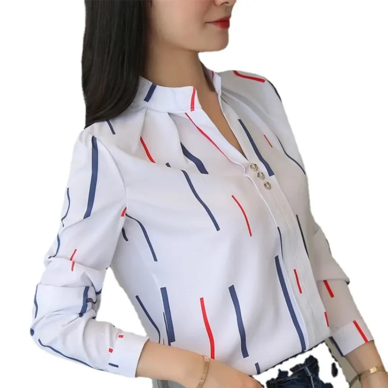 2024 Spring/Autumn Women's Casual Striped Blouse – Loose Long Sleeve Stand Collar Top in White