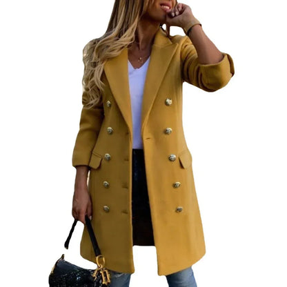 Ladies Autumn Winter Yellow Black Double-breasted Lapel Slim Woolen Coat Large S