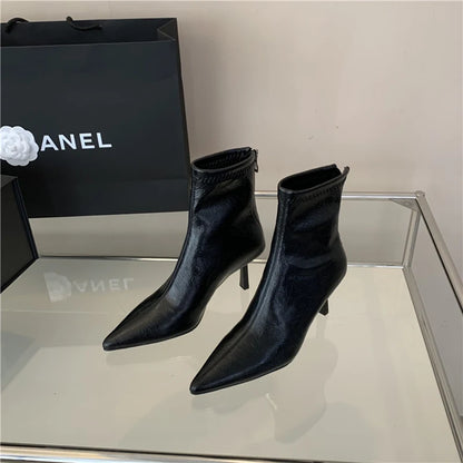 2025 Women's Spring Modern Pointed Toe Ankle Boots – Sleek Soft Leather Short Booties with Chic High Heels