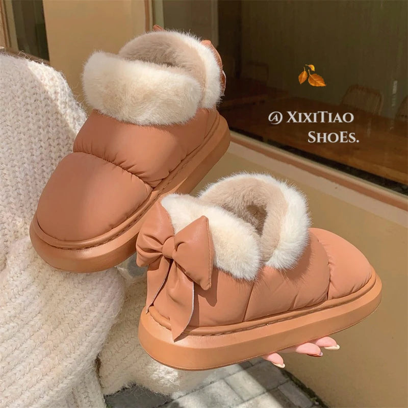 Women's Winter Bow-Knot Ankle Boots – Plush, Insulated, Waterproof PU Cotton Home Slippers