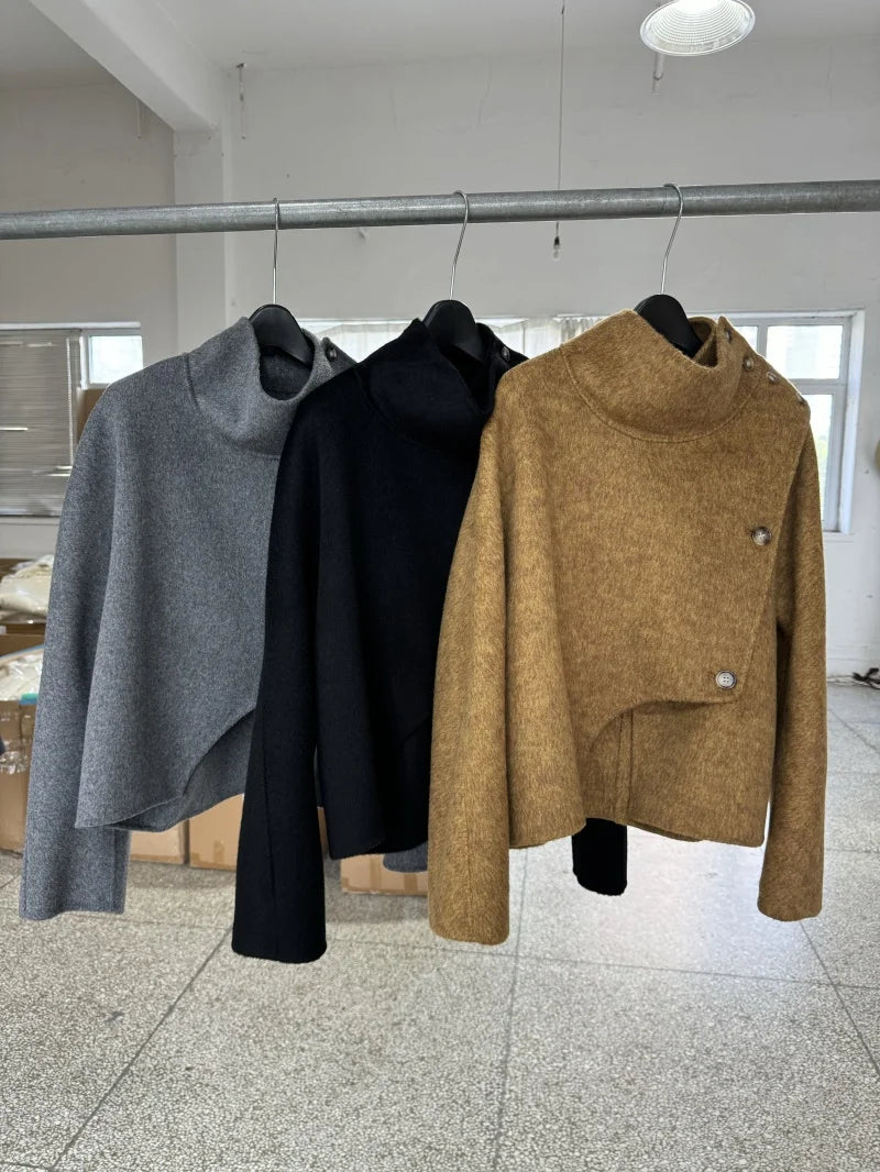 Stand Collar Office Lady Short Design Feeling Woolen Jackets 2024 Autumn And Win