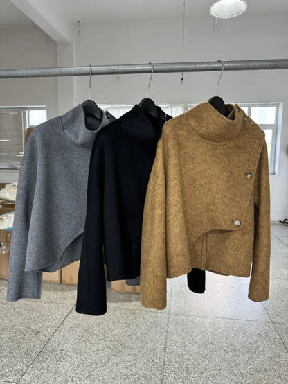 Stand Collar Office Lady Short Design Feeling Woolen Jackets 2024 Autumn And Win