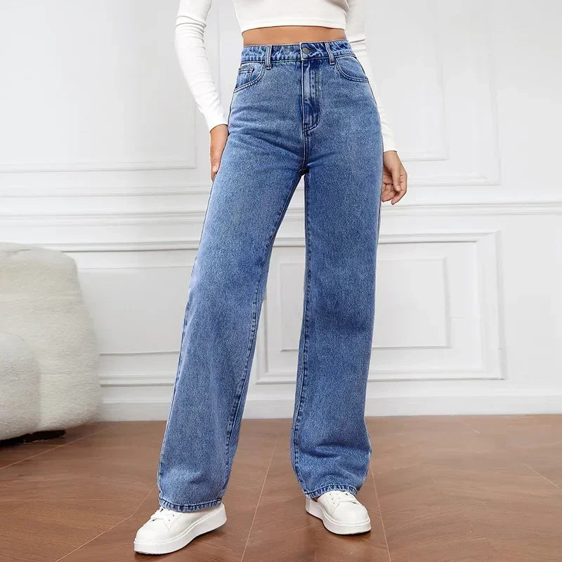 Calça jeans feminina reta de cintura alta, streetwear lavado, bolsos soltos, co