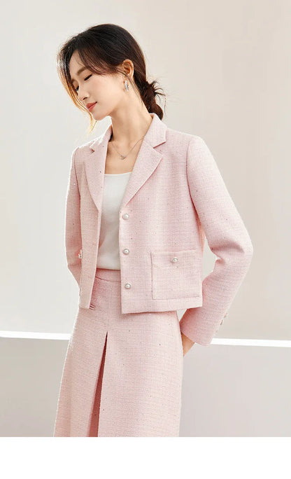 SENTUBILA Pink Elegant Cropped Tweed Jacket 2024 Spring Notched Single Breasted