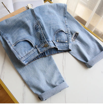 S-5XL Women Jeans Spring Autumn Elastic Waist Light Blue Loose Denim Pants 2023 New Harem Pants Female Casual Trousers