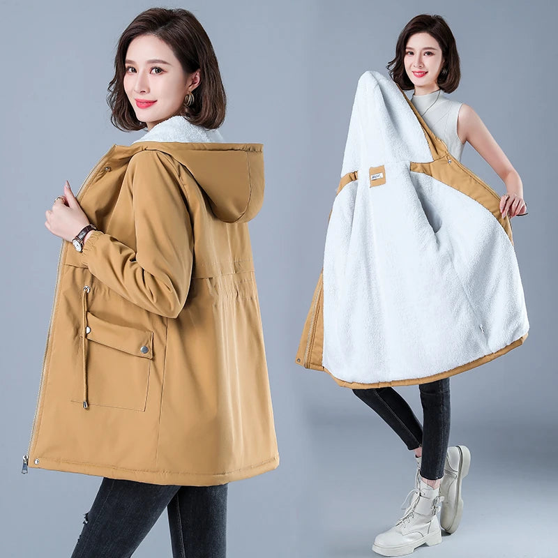 Women's Casual Cotton Parka with Fleece Lining, Hooded Trench Coat, Warm Puffer Jacket, Winter Outerwear