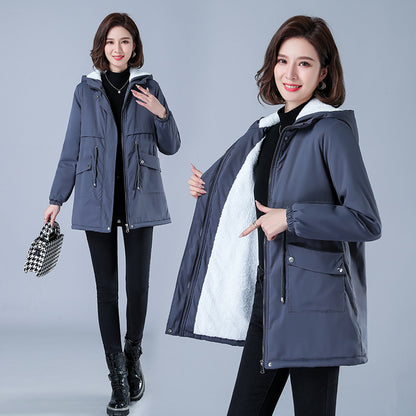 Women's Casual Cotton Parka with Fleece Lining, Hooded Trench Coat, Warm Puffer Jacket, Winter Outerwear