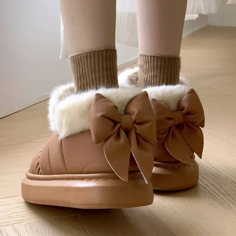 2024 Women's Waterproof Winter Ankle Boots – Cute Bow-Adorned Plush Cotton Lined Snow Boots