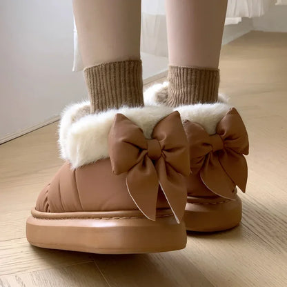 2024 Women's Waterproof Winter Ankle Boots – Cute Bow-Adorned Plush Cotton Lined Snow Boots