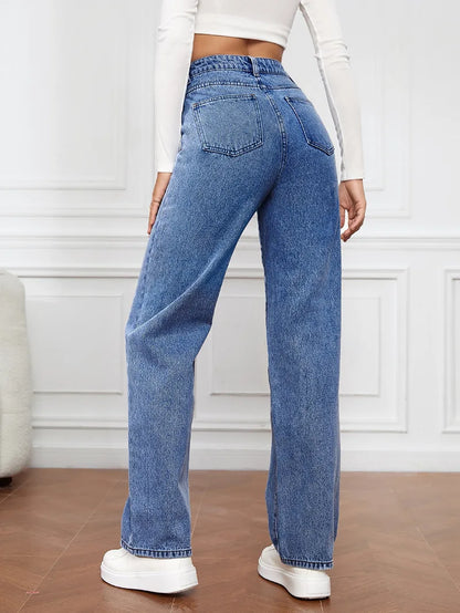 Women’s High-Waisted Straight-Leg Stretch Jeans - Washed Button-Zip Denim, Trendy Spring/Summer 2022 Fashion