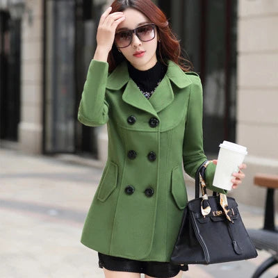 Autumn Winter Women Double Breasted Woolen Coat Solid Color Lapel Slim Fit Short