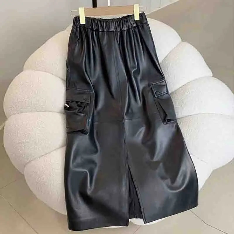 Autumn Winter Real Leather Long Skirt Black Skirt with Pockets Women Casual High