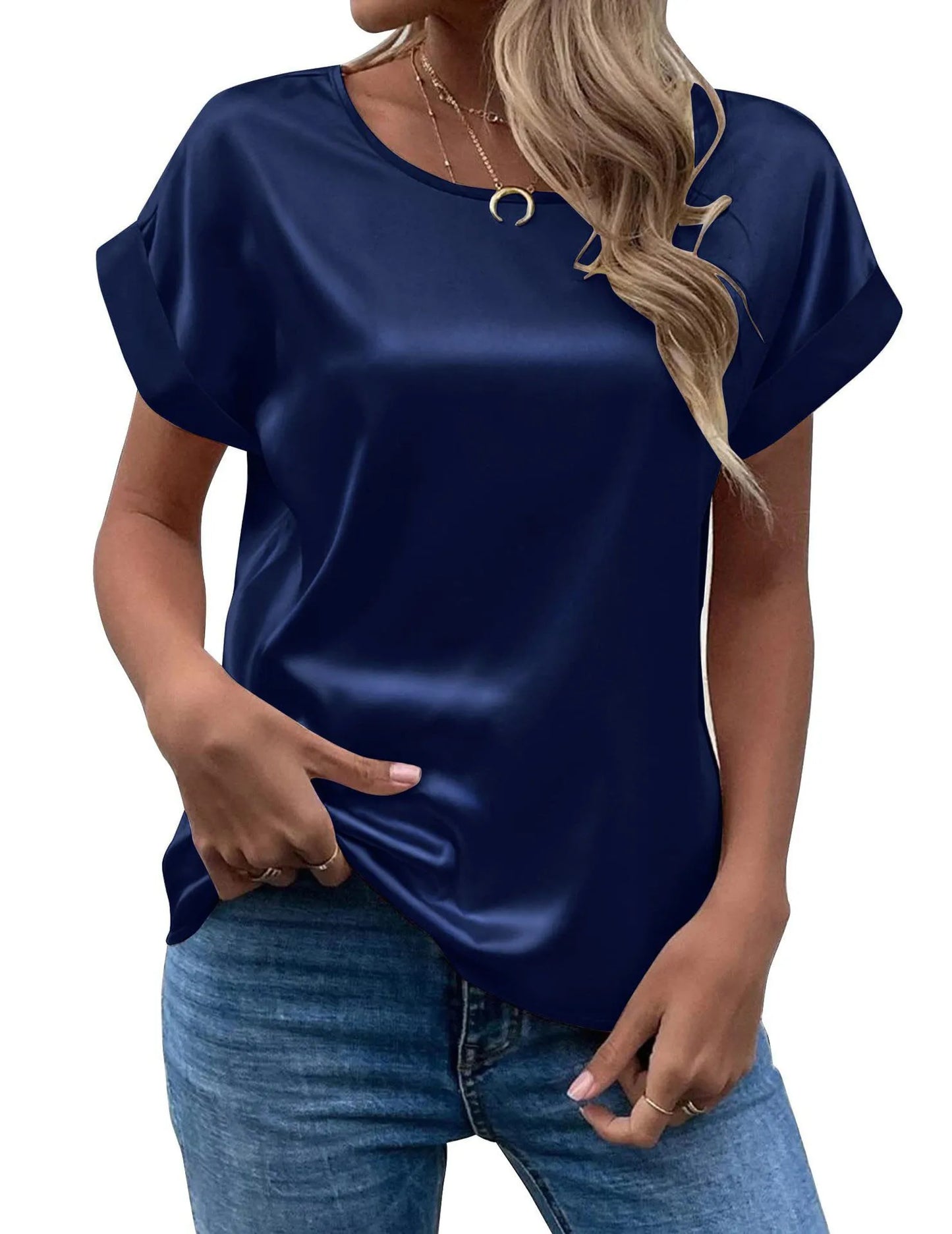 Elegant Summer Satin Blouse – Women's Casual Batwing Sleeve O-Neck Loose Top