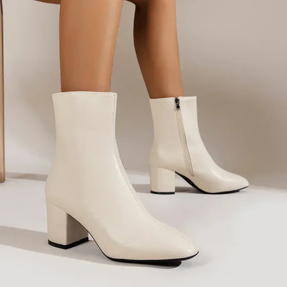 2024 Women's White Ankle Boots – Fashionable Pointed Toe Short Boot with Side Zipper, Stretch Fit & Mid Heel (Large Sizes Available)